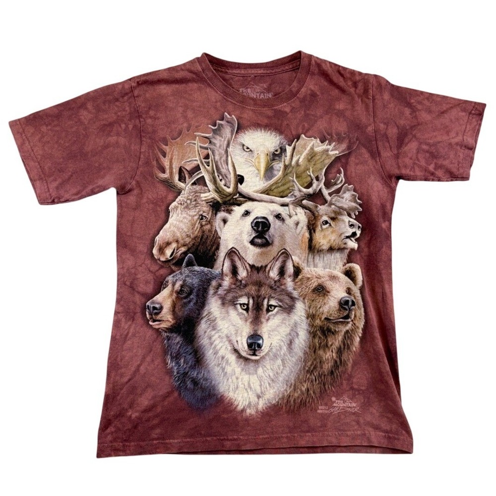 The Mountain Kids Wolf Bear Eagle Wildlife Graphic Tee Burgundy Size L